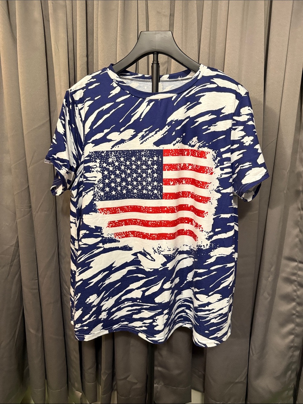 Blue & White Short Sleeve Tee with Distressed Flag Graphic